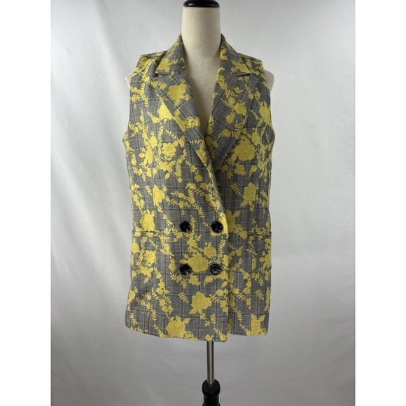 Hutch Longline Vest Grey Plaid Yellow Floral Small Double Breasted - Picture 3 of 15